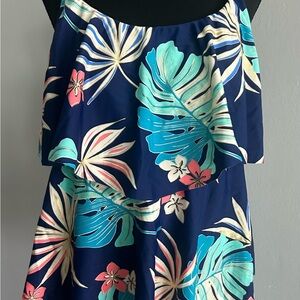 Maxine of Hollywood Blue palm print adjustable straps tiered Tankini Top,